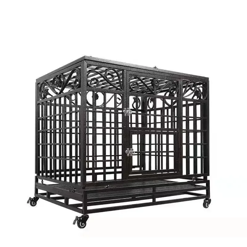 Folding Strong Galvanized Metal Frame Removable Tray Lockable Wheels Heavy Duty Dog Kennel Crate Cage for Large Dog Breeds