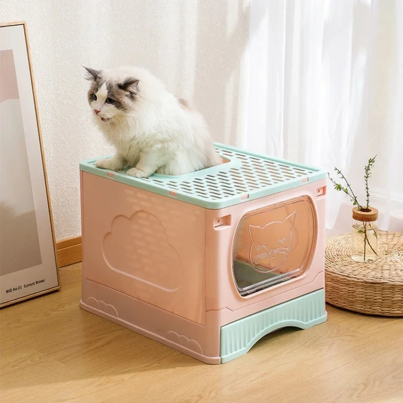 Cat Toilet Front Entrance Top Exit With Lid Foldable Large Cat Litter Box With Cat Litter Shovel Drawer Type Foldable Cat Toilet