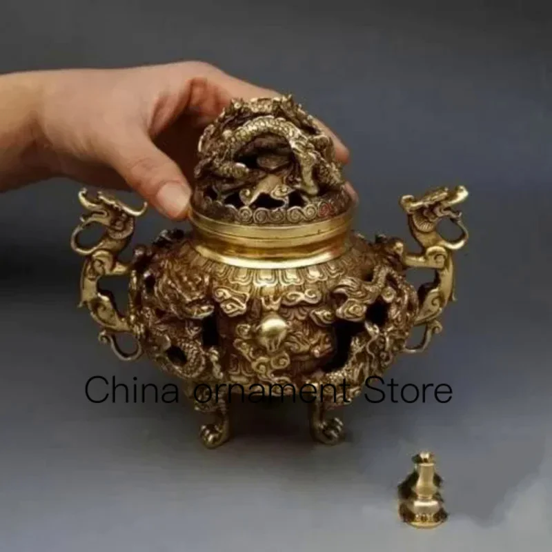 

7" Chinese Brass Gilt 9 Dragon Incense Burner Censer Incensory Burner Statue