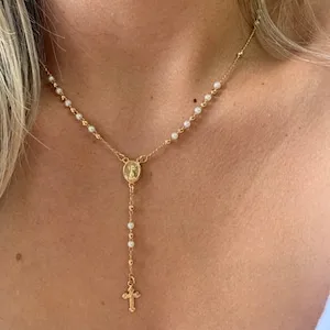 Pearl Rosary Necklace, Gold Rosary Necklaces ,Catholic Jewelry Plain Cross Confirmation Anniversary Gift, Miraculous