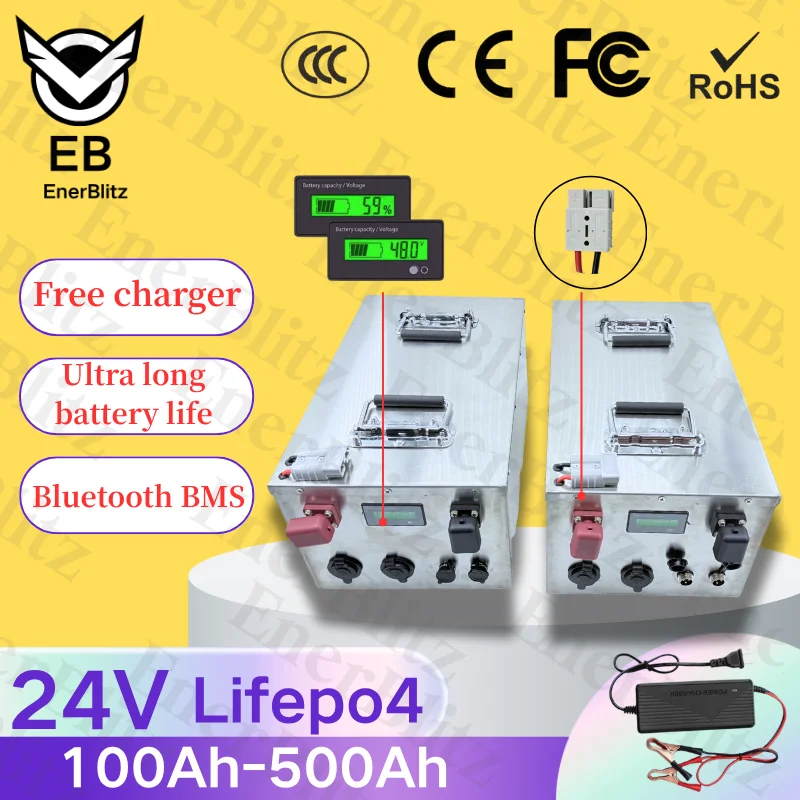 

EB 24V 200ah Lifepo4 Battery 100Ah 150Ah 250Ah 300Ah 350Ah 400Ah 500Ah Rechargeable for 2000W Solar System UPS Trolling Motor
