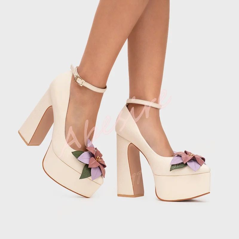 

Women'S Beige Flower Platform Shoes Round Toe Chunky Heel Buckle Strap High Heels Fashion Luxury Elegant Party Dress Women Shoes