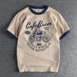 メンズ半袖ラウンドネックTシャツ,レトロバイクプリントのコットン100%,ウォッシュドカジュアルスポーツTシャツ,シンプルなアメリカンファッション,夏