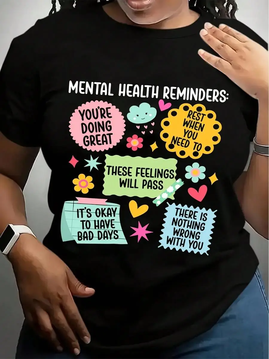Women s Mental Health Awareness T-Shirt - Black With Positive Affirmations - Soft Breathable 100% Cotton Loose Fit Tee - Relax, Self-Care Outfits