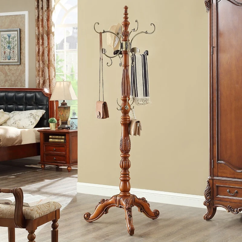 

Household solid wood carving flower noble floor hanging hanger, bedroom retro hanging clothes rack