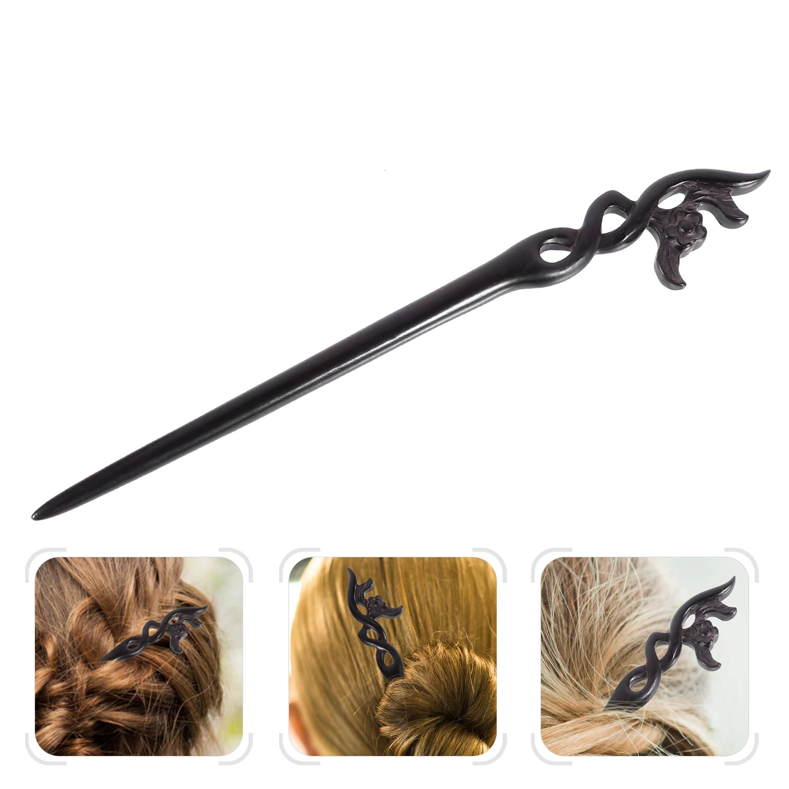 

Ebony Hairpin Wood Stick Vintage Hairstyle Tool Hollow Carved Design Retro Women Hairpin Durable DIY Thick Hair