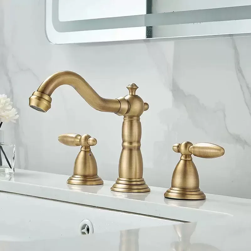 European Vintage Full Brass 3 Hole Basin Faucet Three Piece Set Split Hot Cold Mixer Tap Under Counter Wash Basin Faucet Luxury
