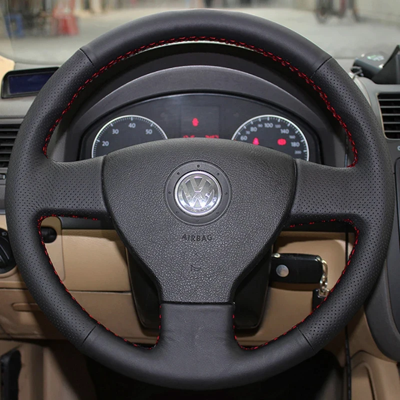 

DIY Hand Sewing Car Steering Wheel Cover for Volkswagen Old VW Golf Polo Sagitar 2010 Genuine Leather Car Accessories Black