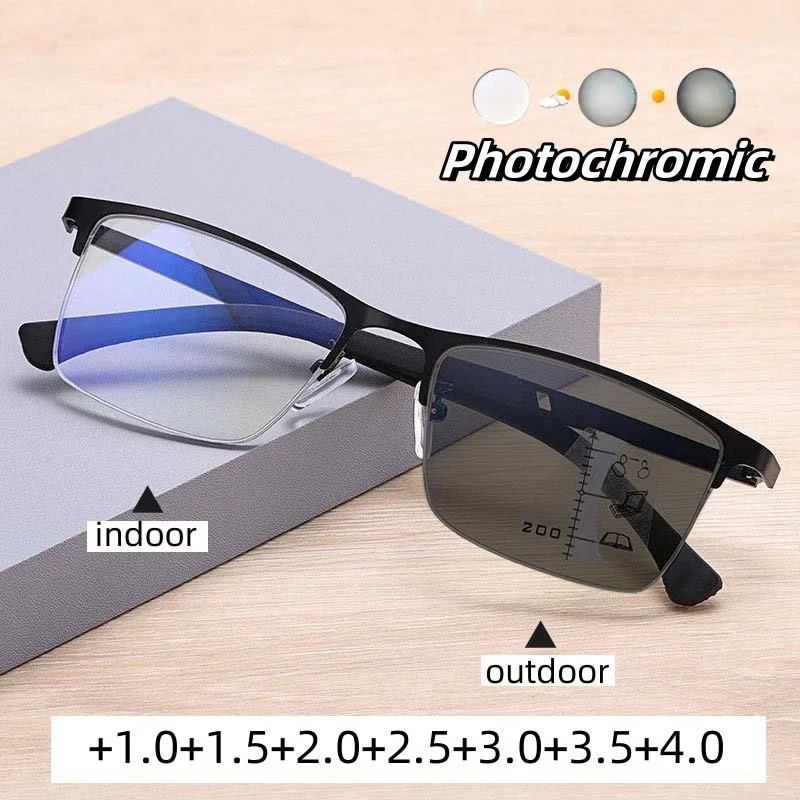 Men Light Sensitive Color Changing Reading Glasses Progressive Multi Focus Near and Far Use Anti Blue Light Presbyopia Eyewear