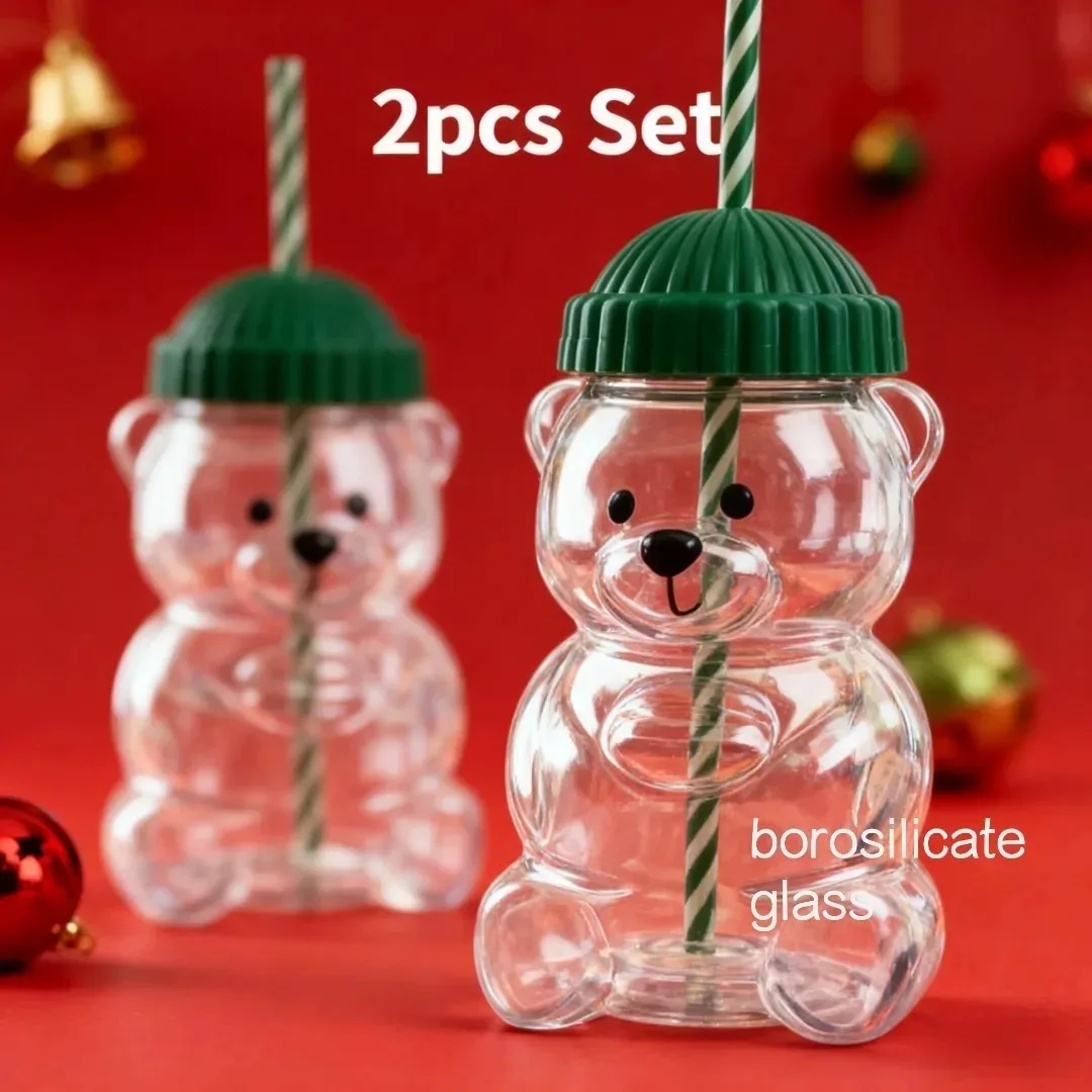 2025 novo copo de palha reto de urso fofo de 500ml, vinho prático, cerveja e utensílios de bebidas de coquetel, copo de natal fofo