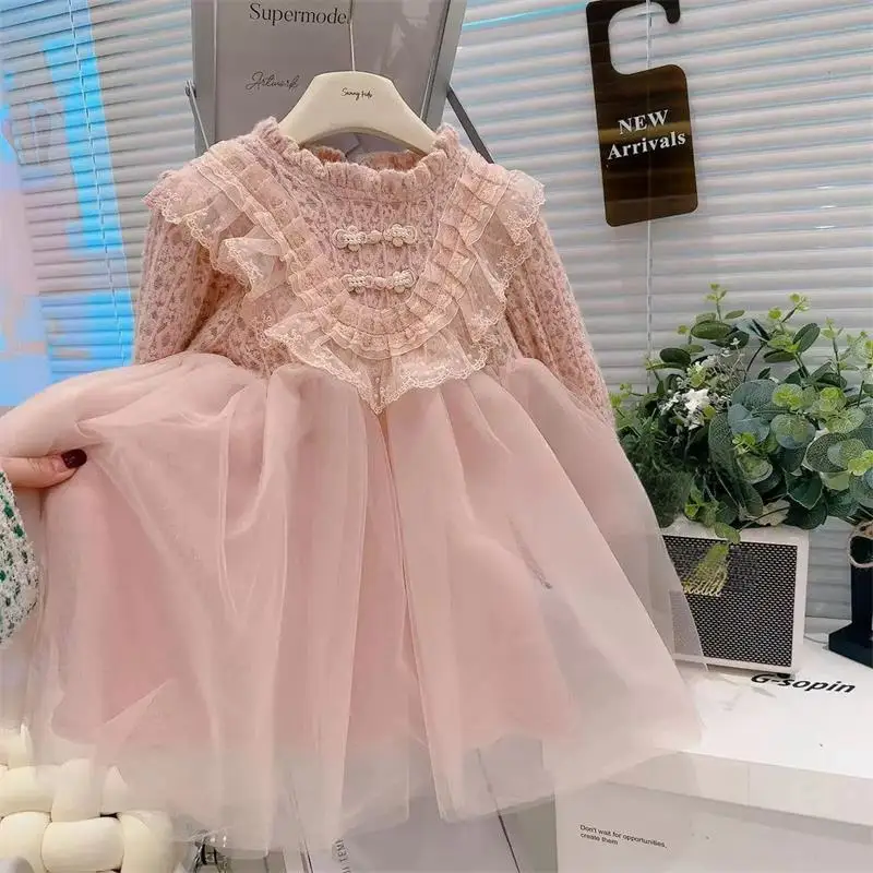 

Girls Long Sleeved Princess Dress Autumn Winter Fashionable Lace Plush Thick Children's Dress