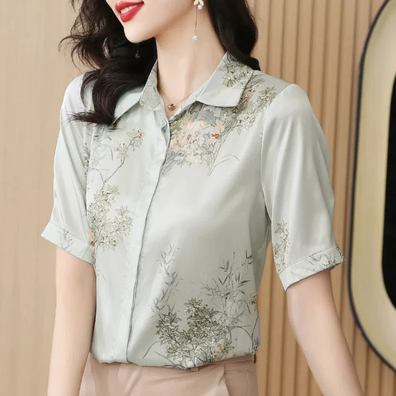 Summer Short Sleeve Button Plant&Flowers Printing Turn-down Collar Cardigan Chiffon Shirt Elegant Women\'s Clothing Casual Tops