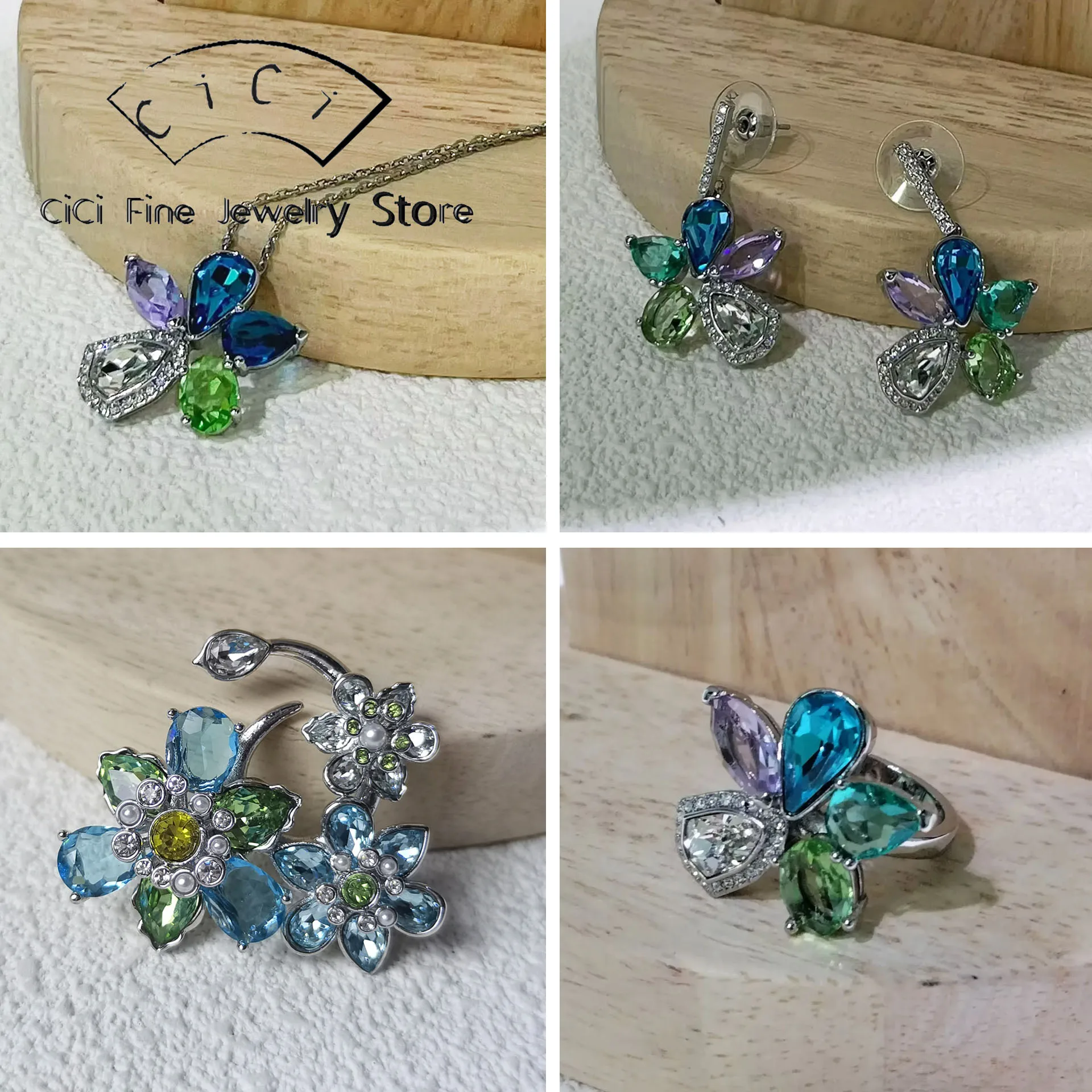

2025 Original Fine Jewelry Set High Quality Blue Crystal Flower Necklace Earrings Bracelet Ring for Women Party Accessories