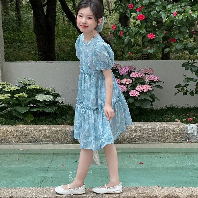 

Girls Dress Summer Blue Puff Short Sleeve Dyeing Princess Dress Tiered Ruffled Print 2026 French Style Children Clothes