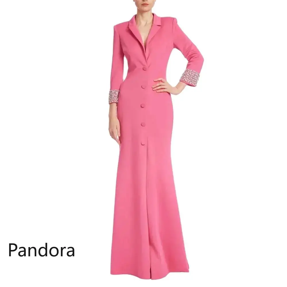 Pandora-Robe de soirée simple rose Dubaï pour femmes, col en V, manches longues, satin, paillettes, bouton sirène, robe de soirée ORY