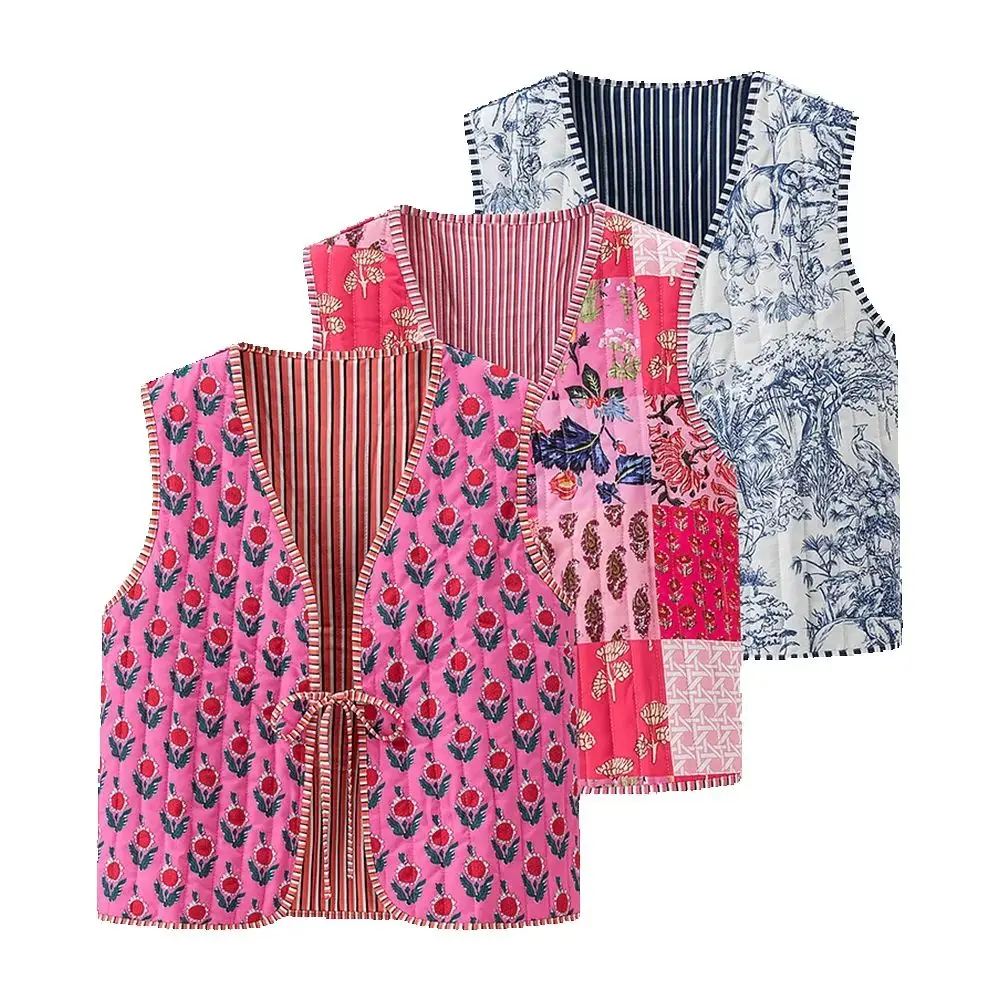 

European and American autumn new women's fashion casual simple lace up small floral vest top