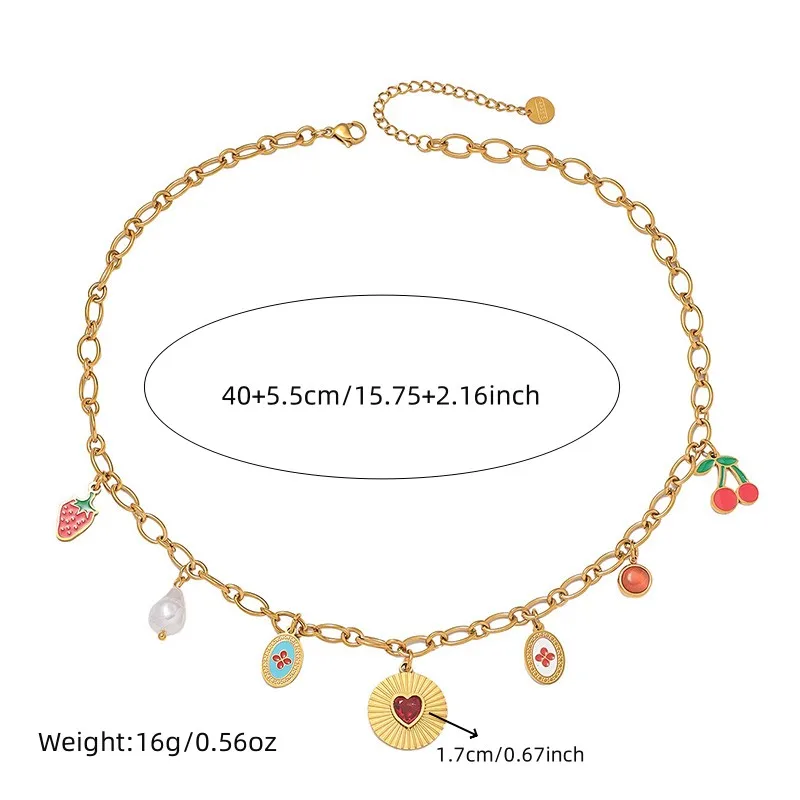 DIEYURO 316L Stainless Steel Colorful Fashion Drop Glue Strawberry Cherry Pearl Round Heart Necklace Girl New Trend Jewelry Gift