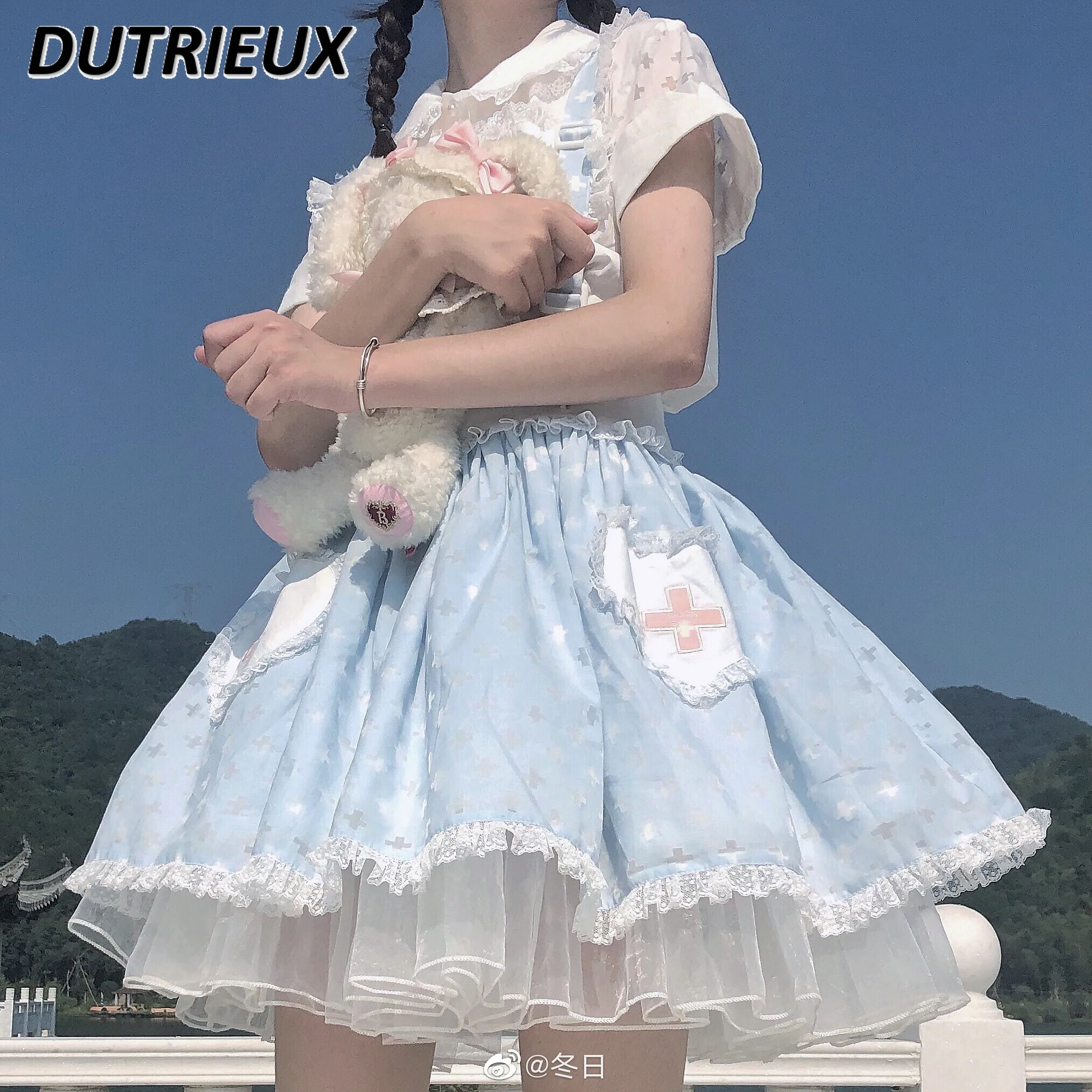 Summer Japanese Cotton Original Doll Collar White All-Matching Shirt High Waist Lace Edge Suspender Skirt A- line Short Skirts