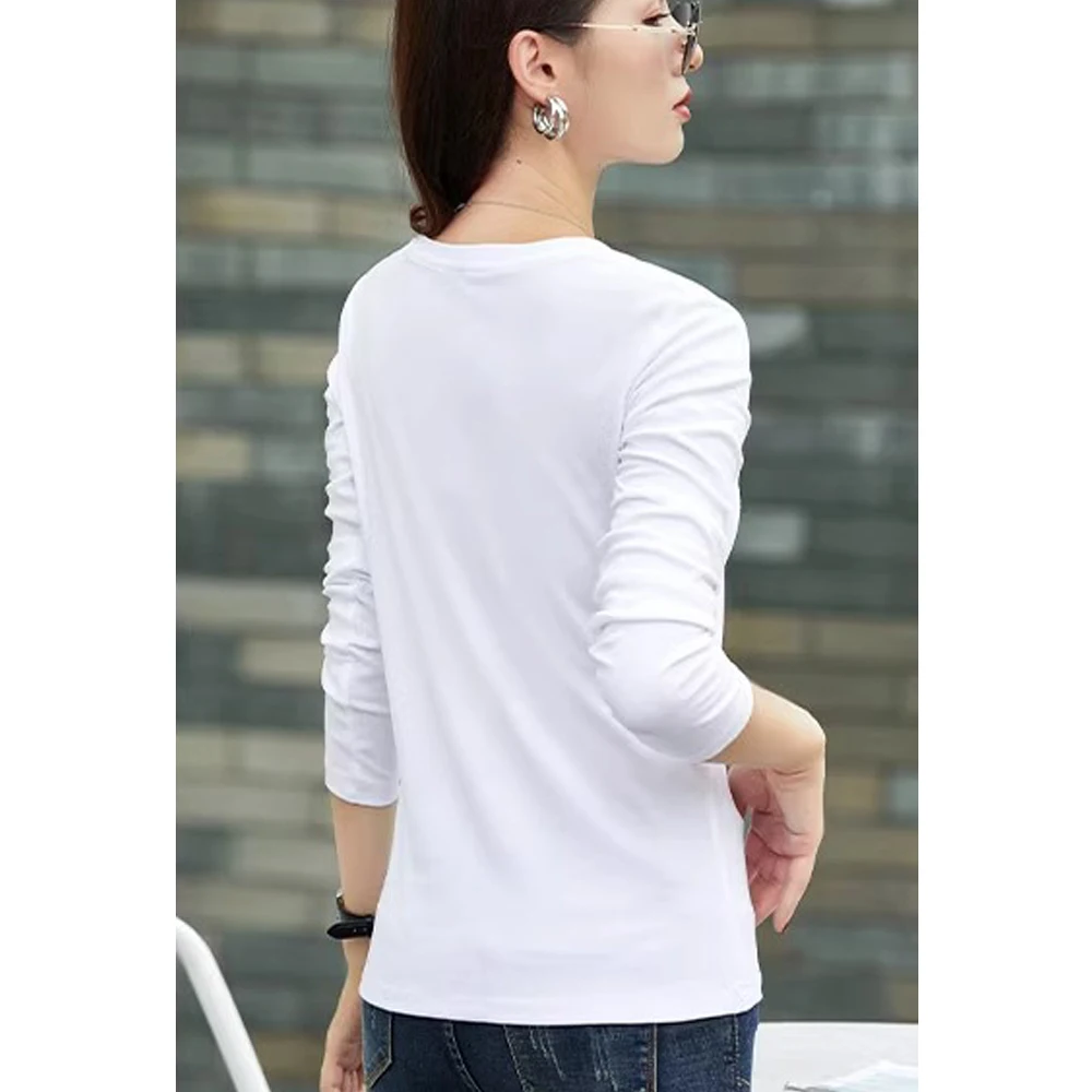 Korean version pure cotton long sleeved t-shirt women\'s autumn new fashion plus size light luxury round neck casual slim fit top