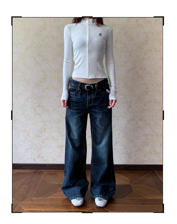 Women's Retro Cat Whisker Straight Leg Micro Flared Jeans Cool Girl Streetwear Wide Leg Trouser Female Casual Vintage Denim Pant