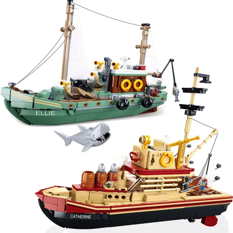 

Fishing Boat Trawler Great White Shark Boat Building Blocks Pirate Ship Figures Model Bricks Set Kids DIY Toys Holiday Gifts