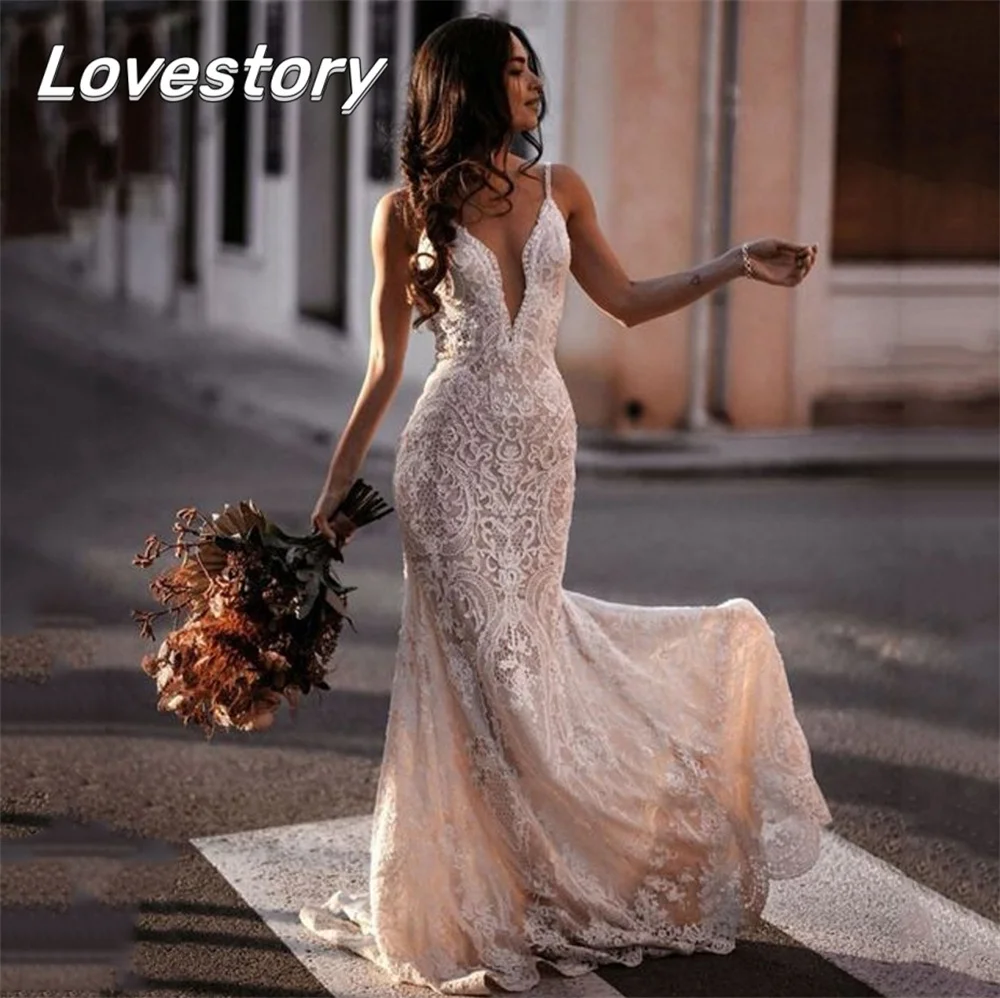 

New Exqusite Mermaid Wedding Dresses Sleeveless Bridal Gowns V Neck Bride Robes Sexy Backless Spaghetti Straps Vestidos De Novia