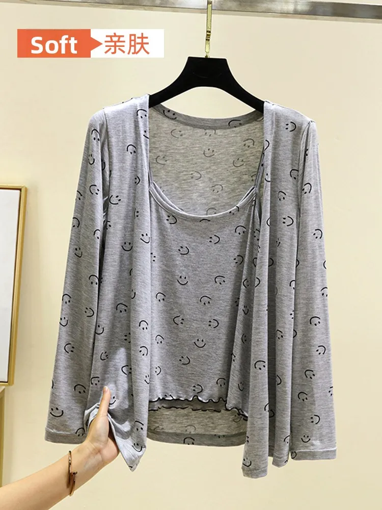 

Modal Strapless Cardigan Set Summer Loose Long Sleeve Home Clothes Can Be Worn outside Big Smile Sleepwear Two-Piece Set