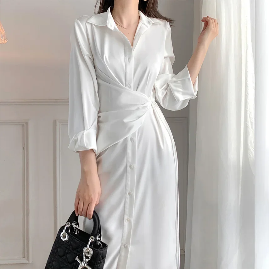 French Elegant White Shirt Dress for Women Runway Fashion Office Lady Long Sleeve Dresses 2024 New High Quality