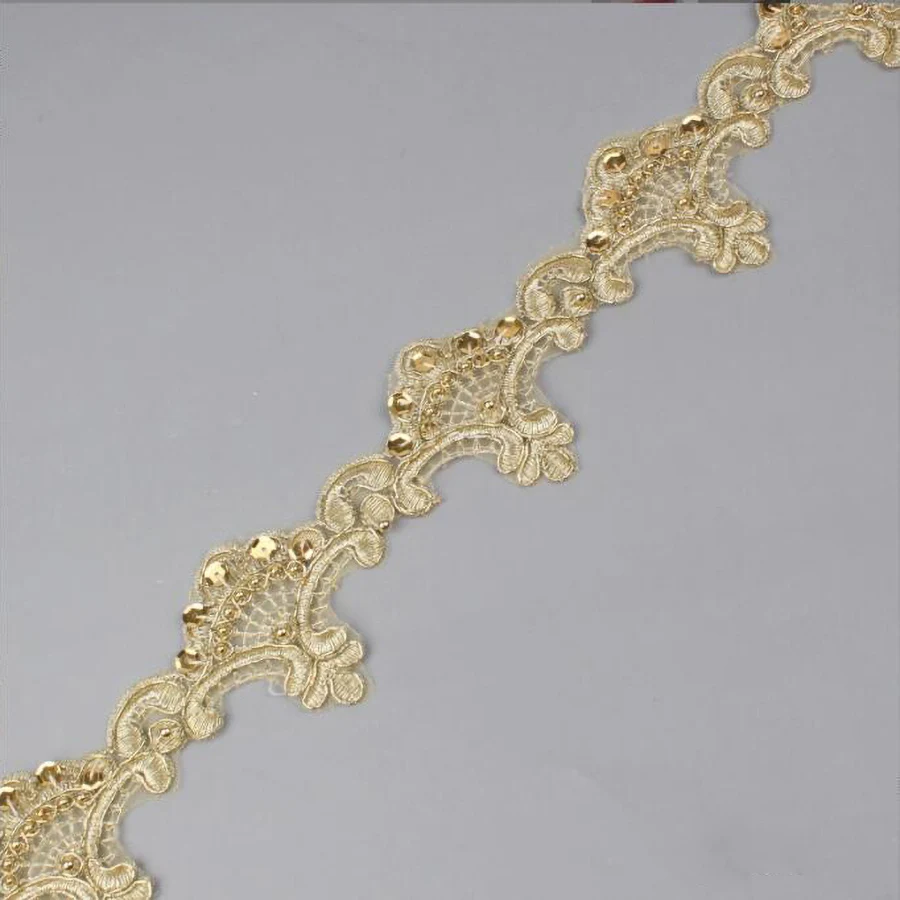 1Yard Gold Sequin Beaded Lace Trim Ribbon Vintage DIY Craft Edging Lace Embroidered For Curtain Home Accessories Sewing Repair
