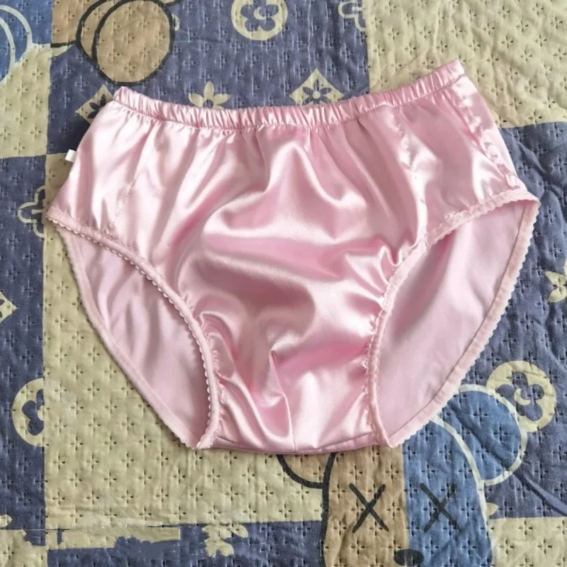 Men Sexy Pink Glossy Soft Silky Touch Briefs Mid Waist Panties Cross-dressing Sissy Role Play Underware Dance Party Sexy Costume