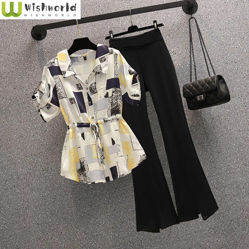 

2023 Fashion Splicing Chiffon Shirt Blouse Casual Wide Leg Pants Two-piece Elegant Women's Pants Suit Office Manager Outfits