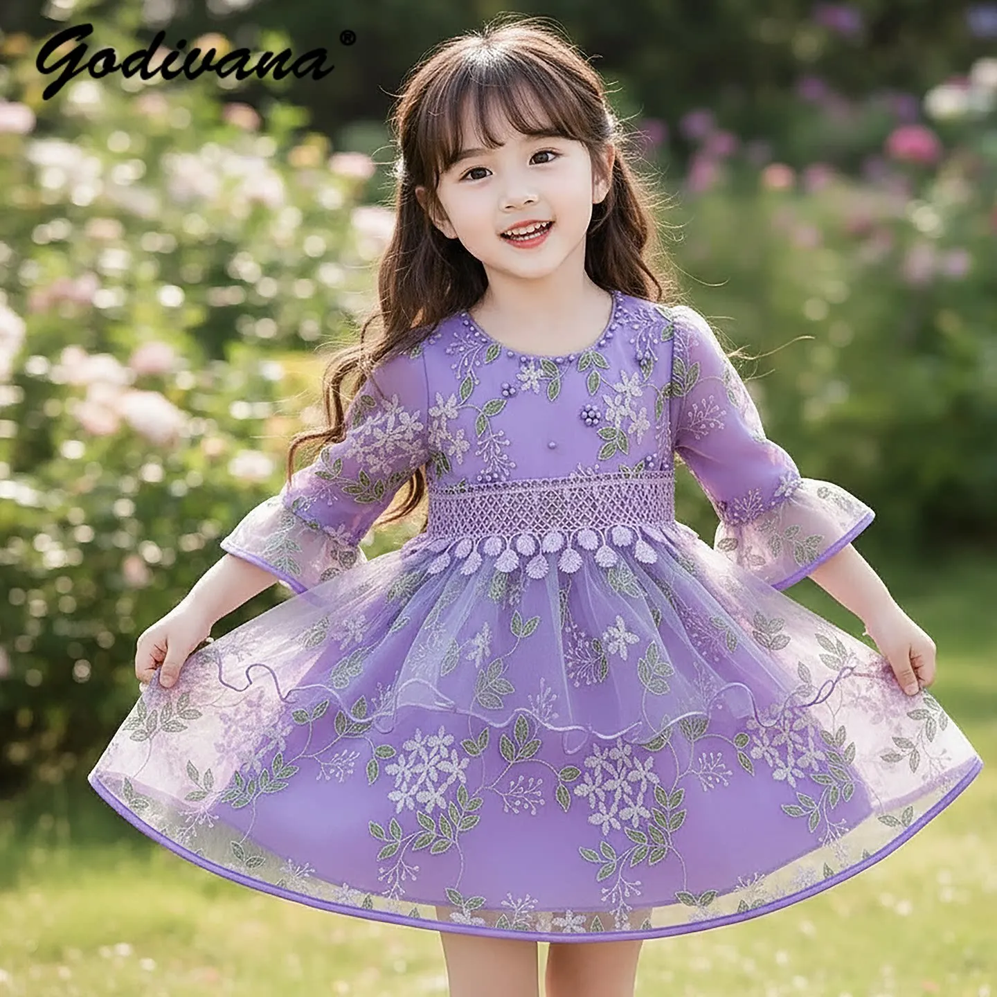 

Sweet Baby Girls New Spring and Autumn Fashion Tulle Princess Dress Kids O-neck A-line Heavy Floral Birthday Party Evening Gown