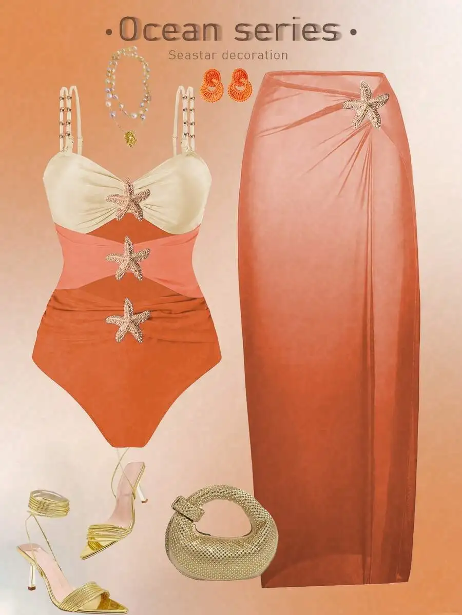 

Ocean Series Starfish Decor One-Piece Swimsuit And Skirt Set Women Summer Beach Outfit