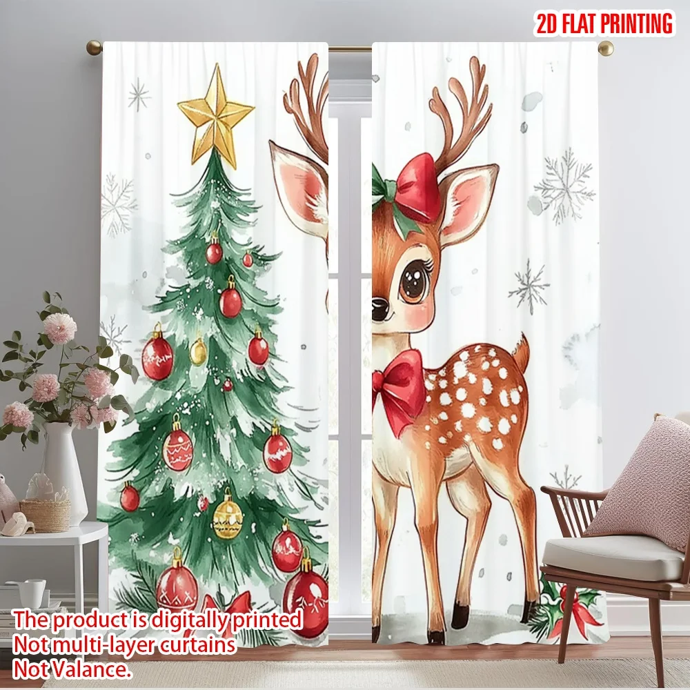 2pcs,2D plane printing Curtains Digital Printed Deer Christmas Tree Snowflakes Versatile Polyester (without rod) Decorations For