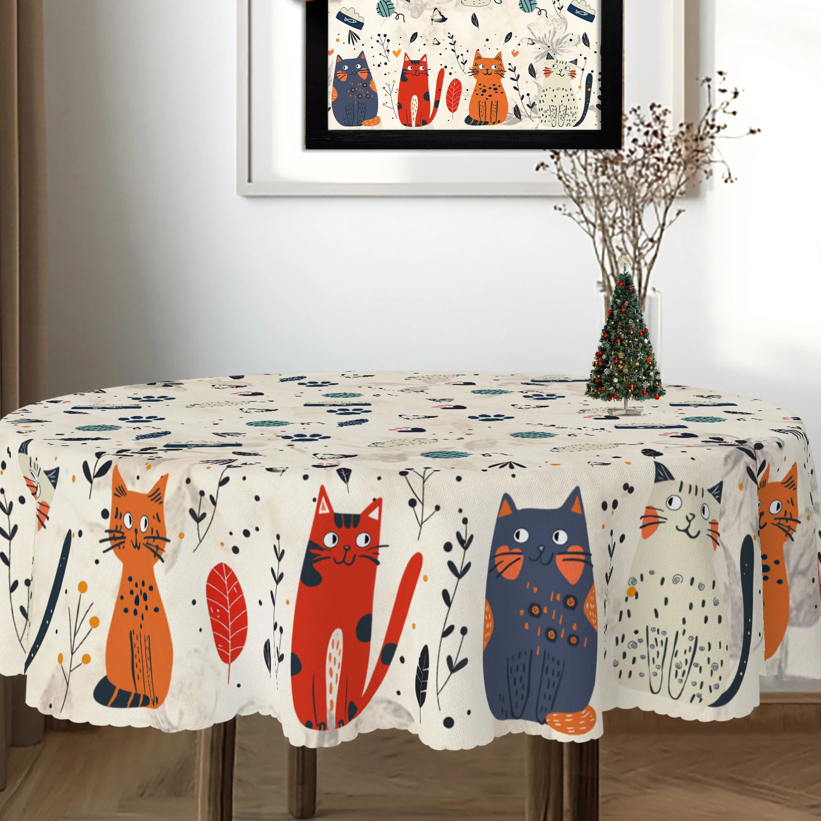 Hand-Painted Cute Cat Tablecloth, Light Beige Fresh Patterns, Cute Cartoon Cats, Mice, Yarn Balls, Butterflies and Other Printed Designs, Multiple Size Options, Embossed Edges, Waterproof, Wrinkle-Resistant, Fade-Resistant, Perfect Gift for Family and Friends, Rectangular and Round Table Covers, Suitable for Spring, Summer, Autumn and Winter, for Home Kitchens, Rooms, Courtyards, Balconies, Picnics, Cafes, Restaurant Tables.