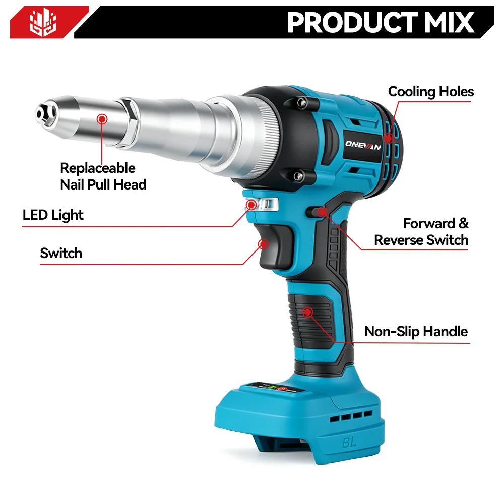 ONEVAN 20000N Cordless Brushless Electric Rivet Gun 2.4-5.0mm Rivet Nut Gun Tool High Power Lightweight For Makita Battery Pin