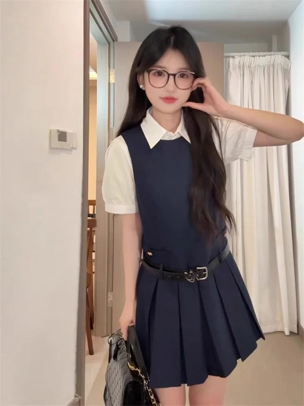 

Sweet Korean Sle Slimming Two-Piece Set Women's k Blue Svel Vest Dr irt ort Sve Collar Button up