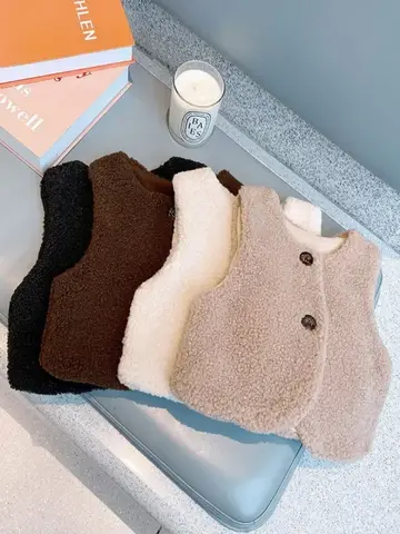 Autumn Winter Baby Lamb Wool Plus Velvet Waistcoat Girls Boys Plush Vest Single Breasted V Neck Child Warm Fashion Warm Coat