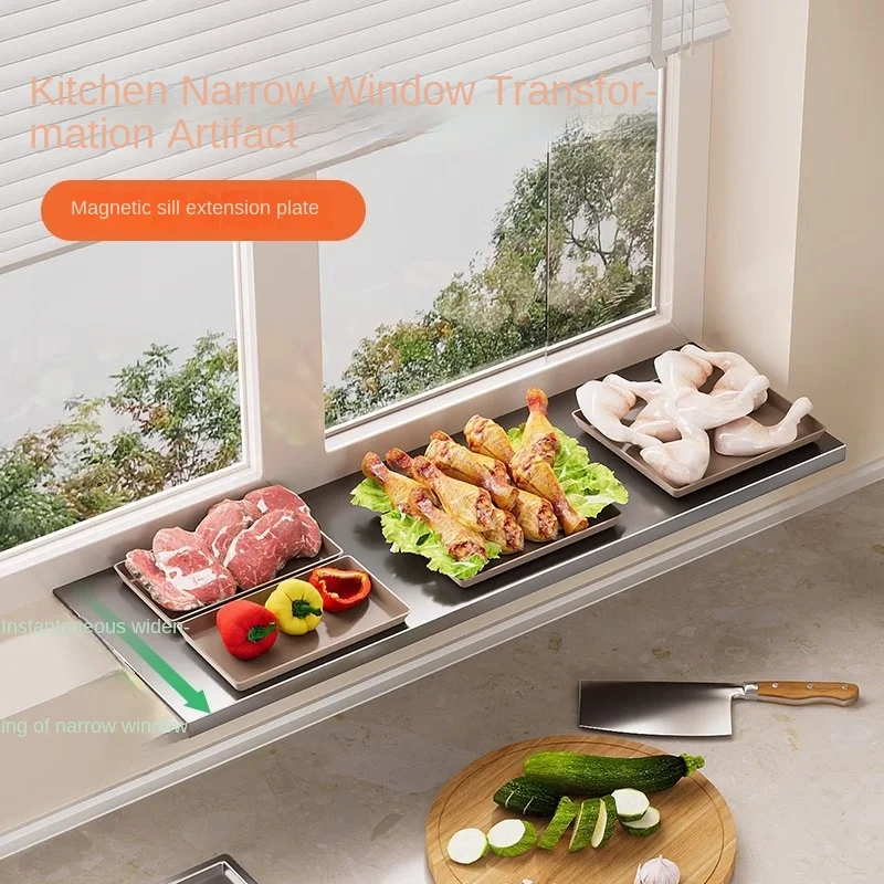 Innovative Kitchen Storage Solution - Widened Magnetic Window Shelf Extends Your Tabletop and Provides Extra Space