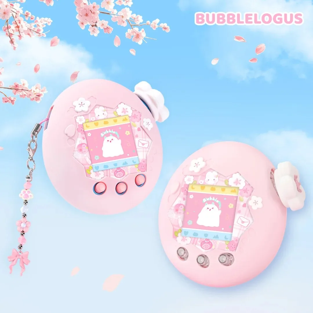 

For Tamagotchi Paradise Silicone Protective Case Pink Sakura Pattern With Hanging Pendant And Replacement Faceplate Sticker