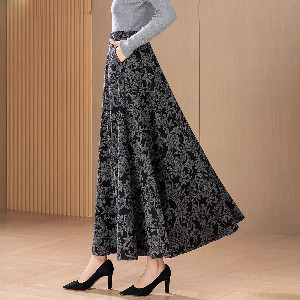 New Women Print Woolen Skirt Autumn Fashion High Waist A-line Vintage Floral Long Skirt Simplicity Elegant Daily Skirt Female