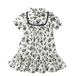 Autumn Brother Sister Mathcing Clothes Girls Black Flora Cotton Dress Baby Short Sleeve Romper Ruffle Collar Boys Shorts