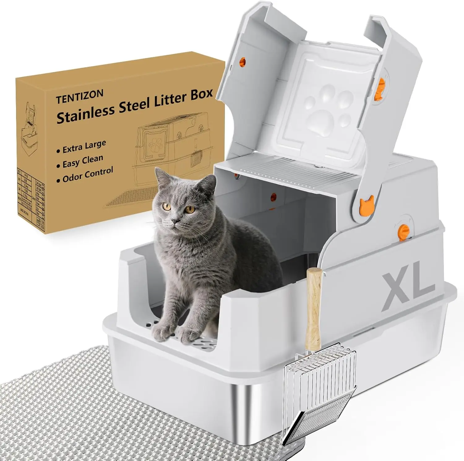 Stainless Steel Cat Litter Box with Lid, Large Covered Enclosed Kitty Litterbox, High Side, Litter Mat, Scoop, Easy Clean, Grey