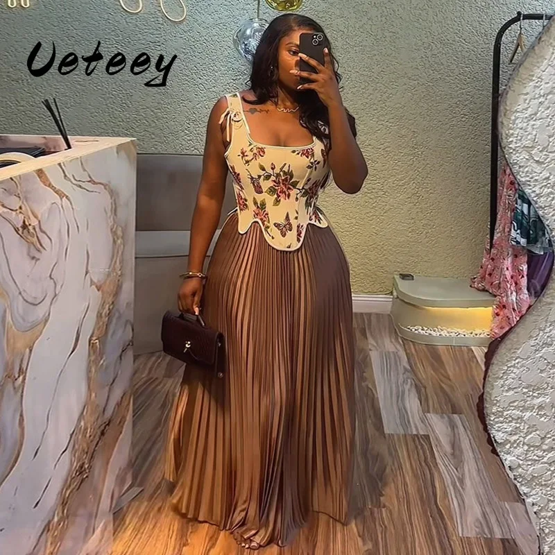 

Ueteey Sweet Two Piece Skirts Set for Women Printed Vest Top + High Waist Ruched Skirt Female Streetwear Outfits 2025 Summer