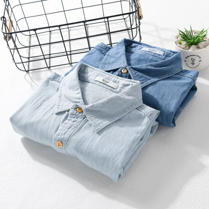 BOWEYLUN Camisa jeans casual de manga curta 100% algodão para homens, blusa jovem de cor sólida confortável e respirável