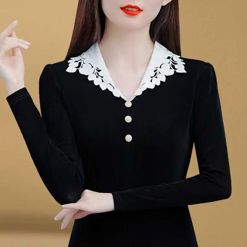 

Fashion Woman Blouses 2023 Solid Color V-Neck Long Sleeve Autumn Winter Thick Moto Biker Office Lady All-match Button Pullovers