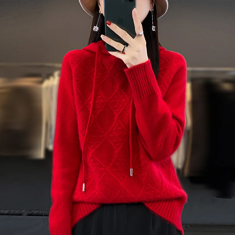 BELIARST Spring and Autumn New Hoodie Women\'s Clothing Pullover Top 100% Merino Wool Knitted Sweater Casual Long sleeved Hoodie