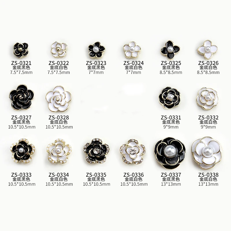 10PCS Glossy White Black Dimaonds Pearls Gold Edge Camellia Rose Flowers Metal Nail Art Rhinestones Jewelry Manicure Decorations