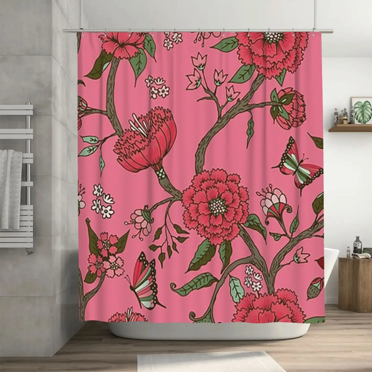 Secret Garden - CORAL Shower Curtain Bathroom Polyester Waterproof Bath Curtains with Hooks