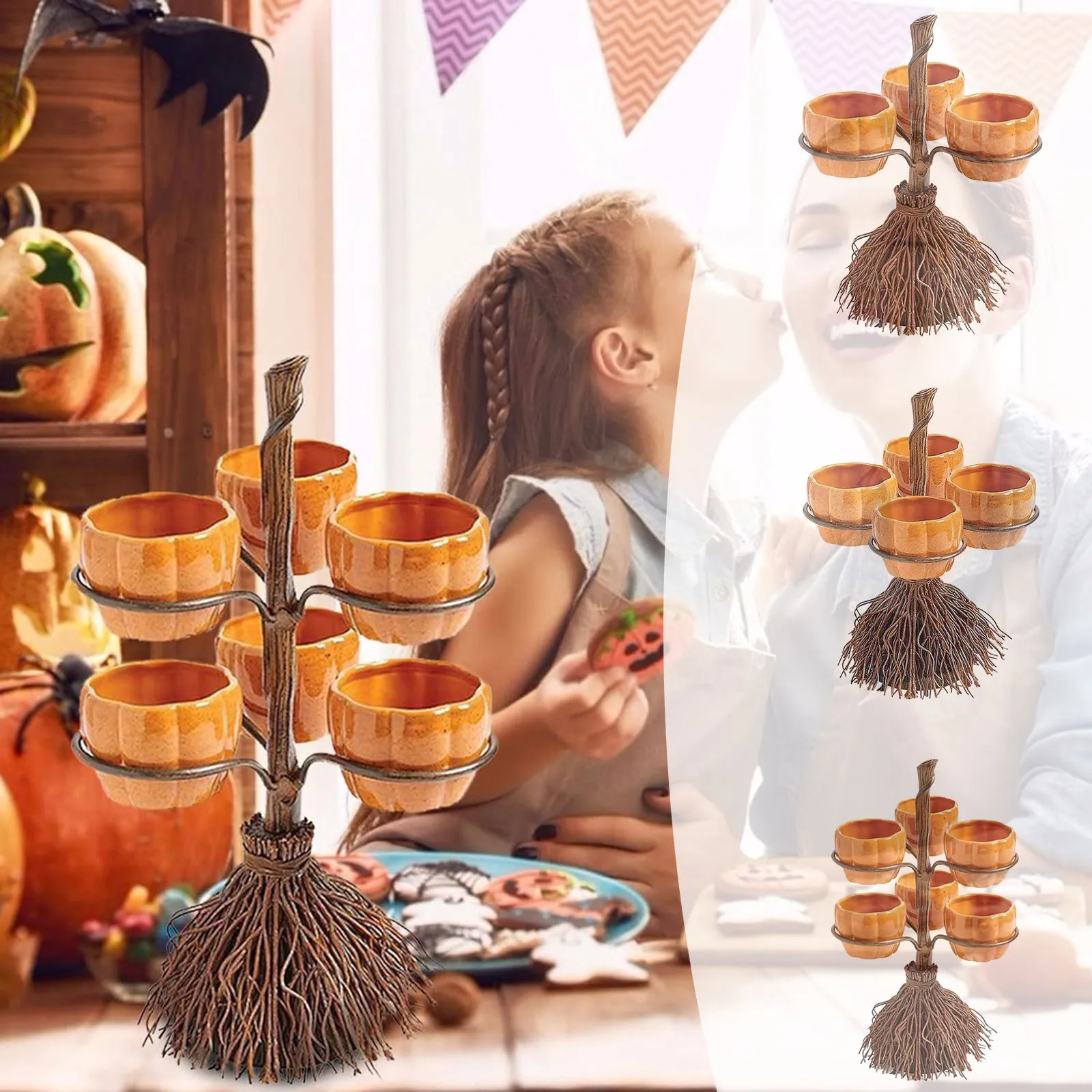 

Broom Pumpkin Snack Bowl Rack Halloween Candy Bowl Rack Stand Trays Stand Food Display Stand Party Desktop Supplies